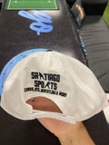 White hat with Black Brim and Blue Santiago Sports Logo