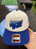 White hat with Blue Brim and Blue Santiago Sports Logo