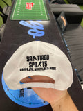 White hat with Blue Brim and Blue Santiago Sports Logo