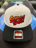 White Hat with Black Brim and Red Santiago Sports Logo