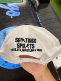 White Hat with Black Brim and Red Santiago Sports Logo