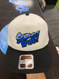 White hat with Black Brim and Blue Santiago Sports Logo